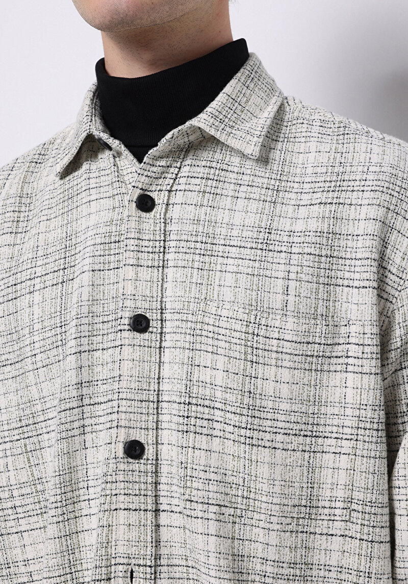 Regular Fit Shirt Neck Ekoseli Erkek Ekru Uzun Kol Gömlek