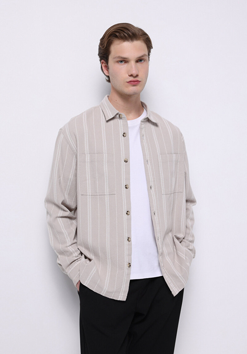 Regular Fit Shirt Neck Çizgili Erkek Bej Uzun Kol Gömlek