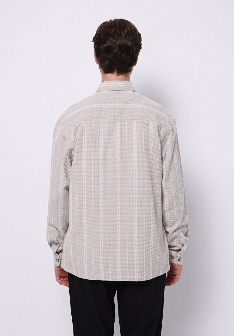 Regular Fit Shirt Neck Çizgili Erkek Bej Uzun Kol Gömlek