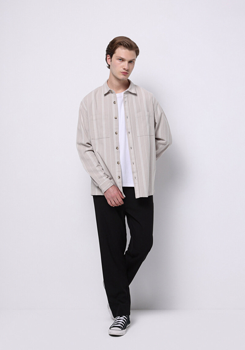 Regular Fit Shirt Neck Çizgili Erkek Bej Uzun Kol Gömlek