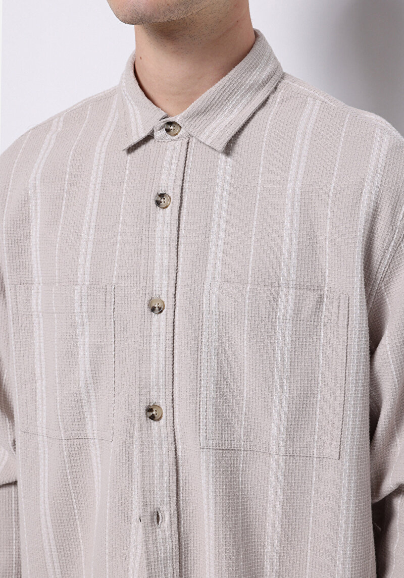 Regular Fit Shirt Neck Çizgili Erkek Bej Uzun Kol Gömlek