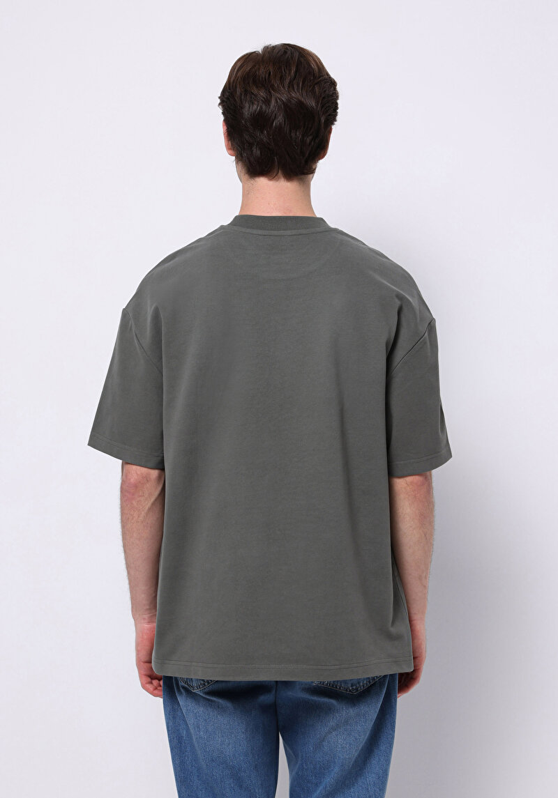 Oversize Fit Yuvarlak Yaka Düz Erkek Yeşil Kısa Kol Tişört