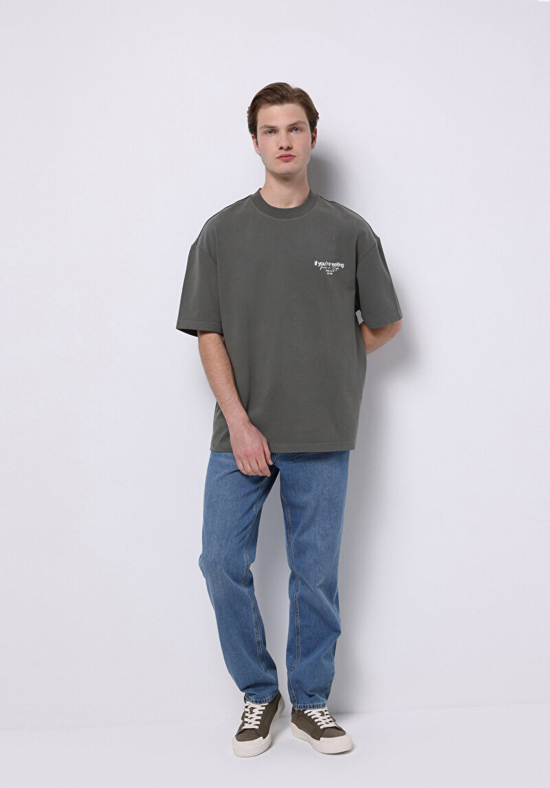 Oversize Fit Yuvarlak Yaka Düz Erkek Yeşil Kısa Kol Tişört