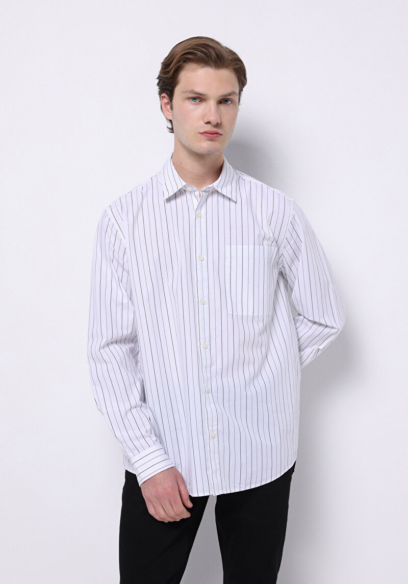 Comfort Fit Shirt Neck Çizgili Erkek Beyaz Uzun Kol Gömlek