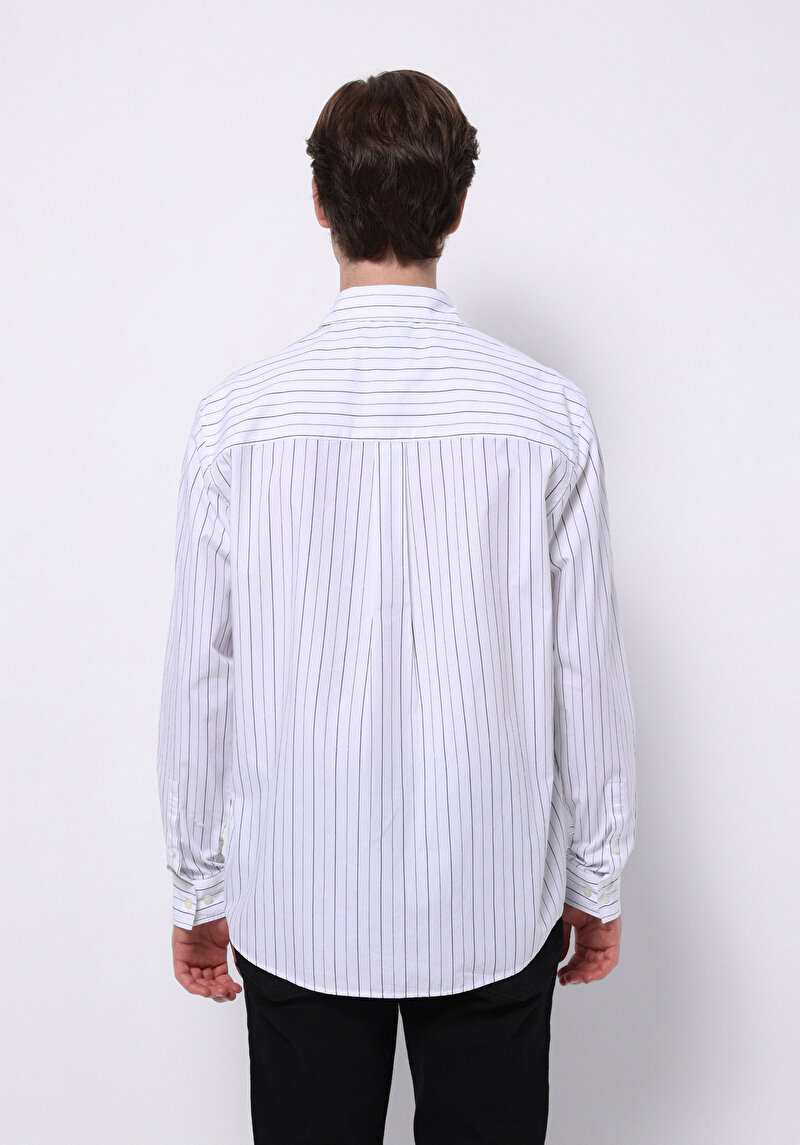 Comfort Fit Shirt Neck Çizgili Erkek Beyaz Uzun Kol Gömlek