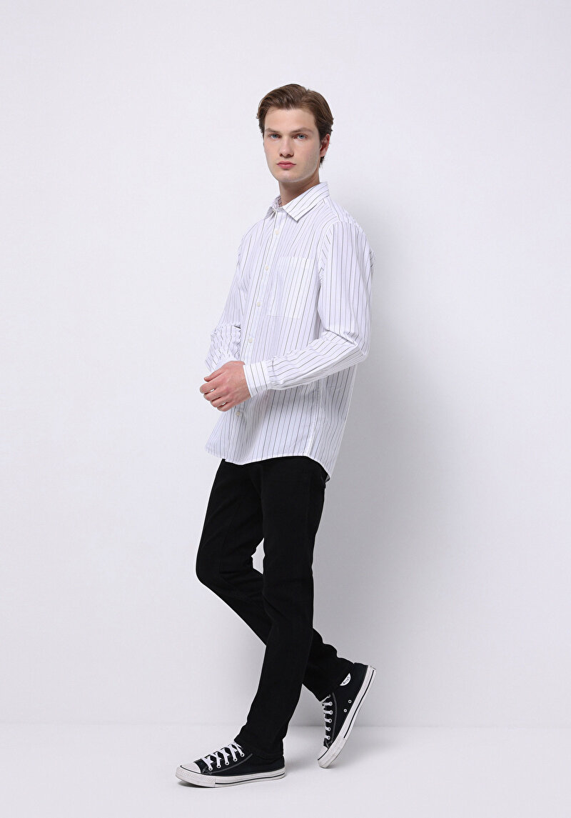Comfort Fit Shirt Neck Çizgili Erkek Beyaz Uzun Kol Gömlek