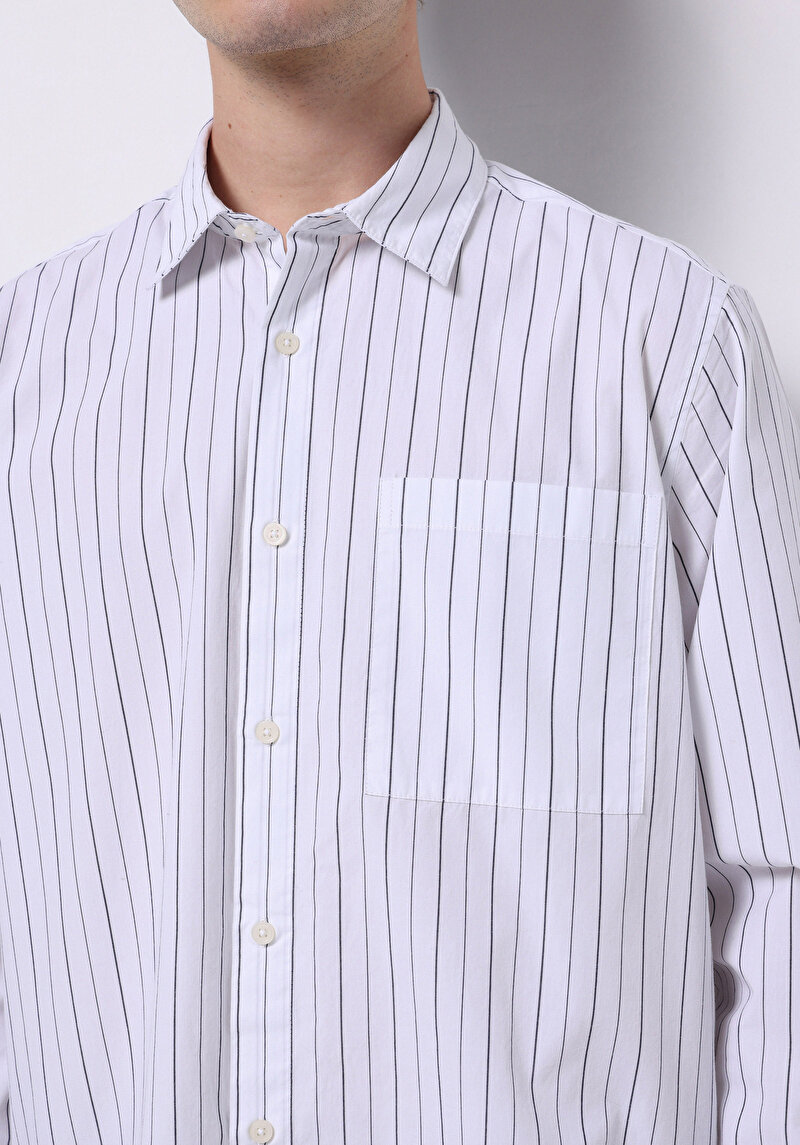 Comfort Fit Shirt Neck Çizgili Erkek Beyaz Uzun Kol Gömlek