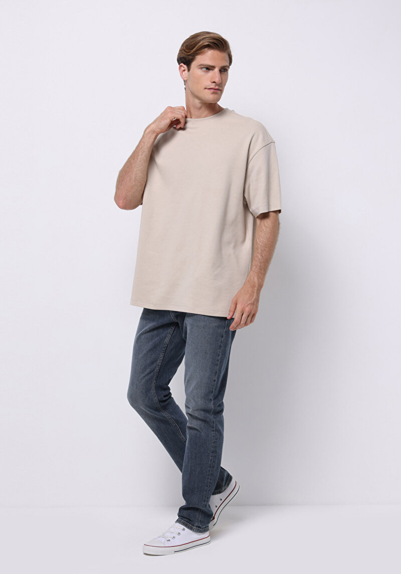 Oversize Fit Yuvarlak Yaka Düz Erkek Taş Kısa Kol Tişört