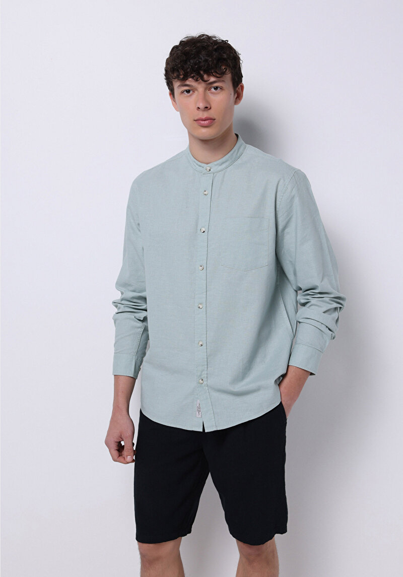Regular Fit Hakim Yaka Düz Erkek Keten Karışımlı Yeşil Uzun Kol Gömlek
