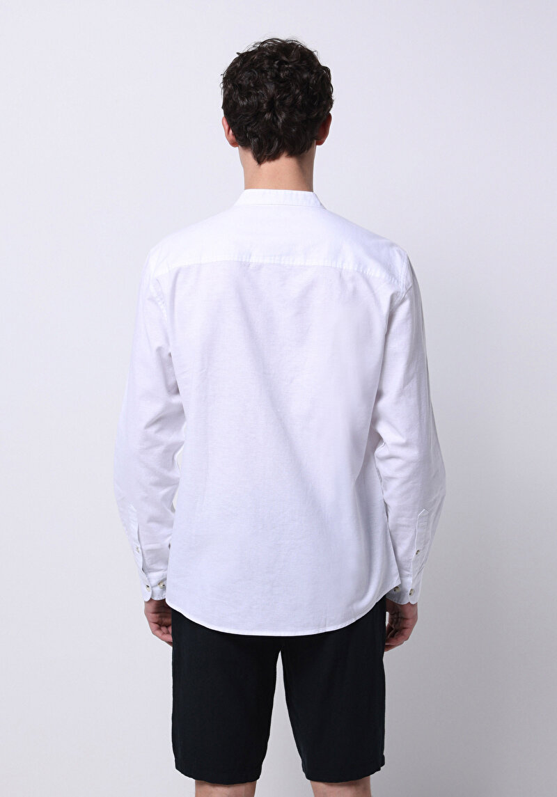 Regular Fit Hakim Yaka Düz Erkek Keten Karışımlı Beyaz Uzun Kol Gömlek