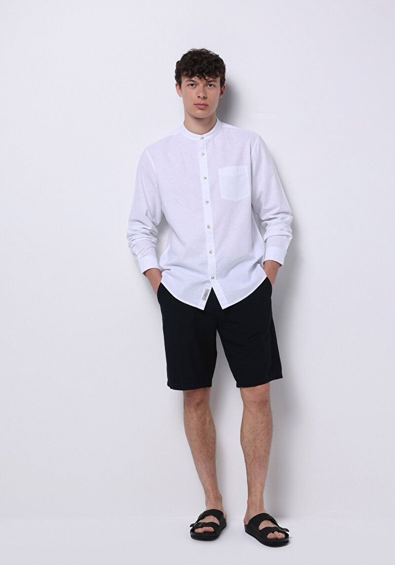 Regular Fit Hakim Yaka Düz Erkek Keten Karışımlı Beyaz Uzun Kol Gömlek