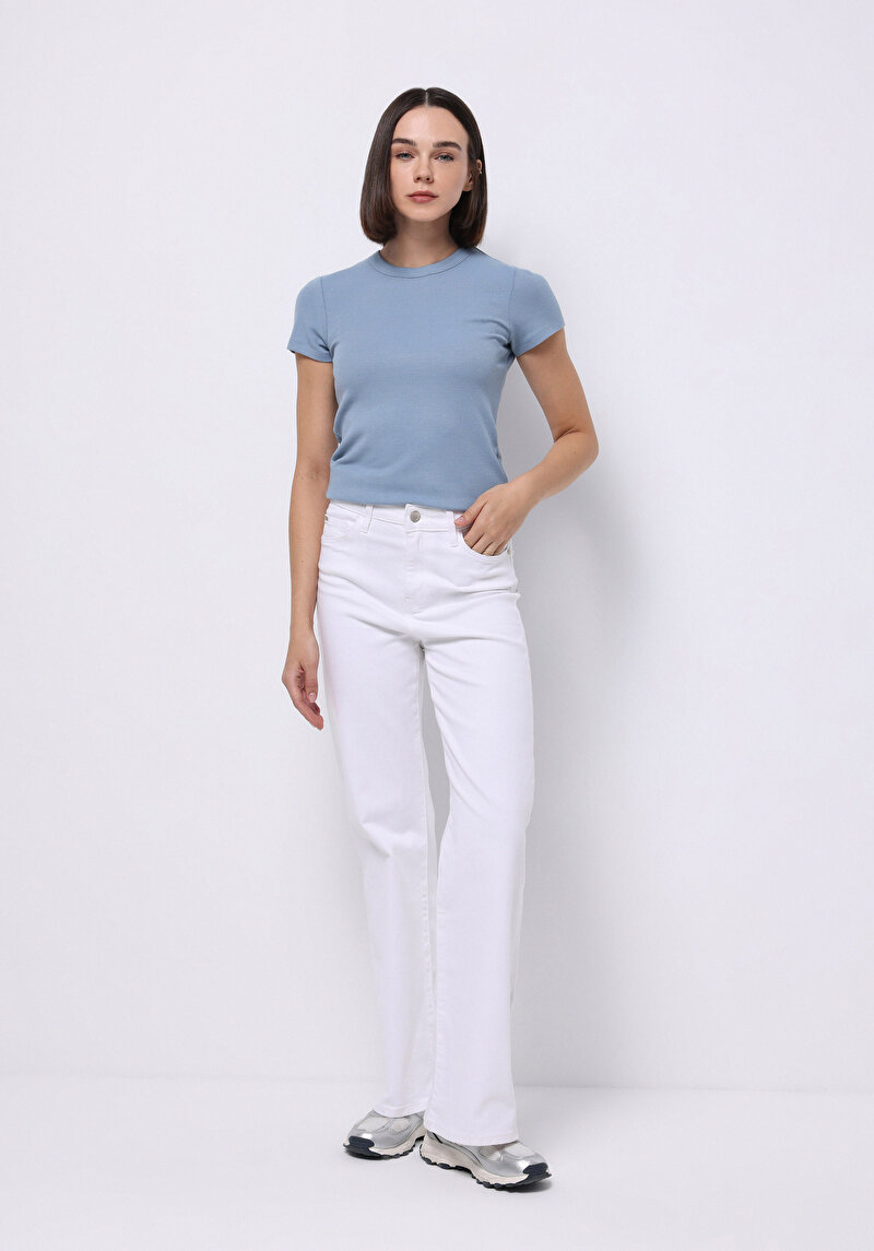 Slim Fit Yuvarlak Yaka Düz Kadın Mavi Kısa Kol Tişört