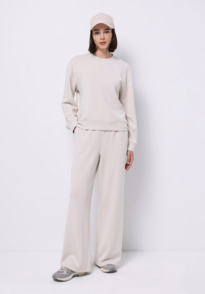 Regular Fit Orta Bel Düz Kadın Ekru Eşofman Altı