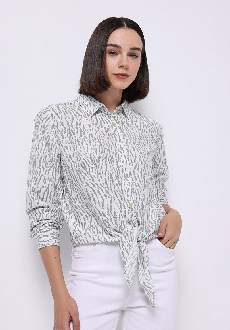 Regular Fit Shirt Neck Baskılı Kadın Yeşil Uzun Kol Gömlek