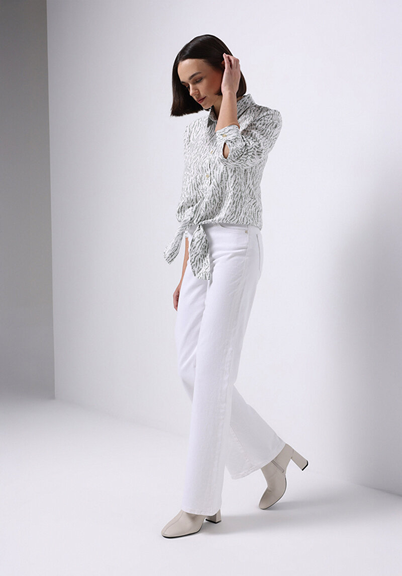 Regular Fit Shirt Neck Baskılı Kadın Yeşil Uzun Kol Gömlek