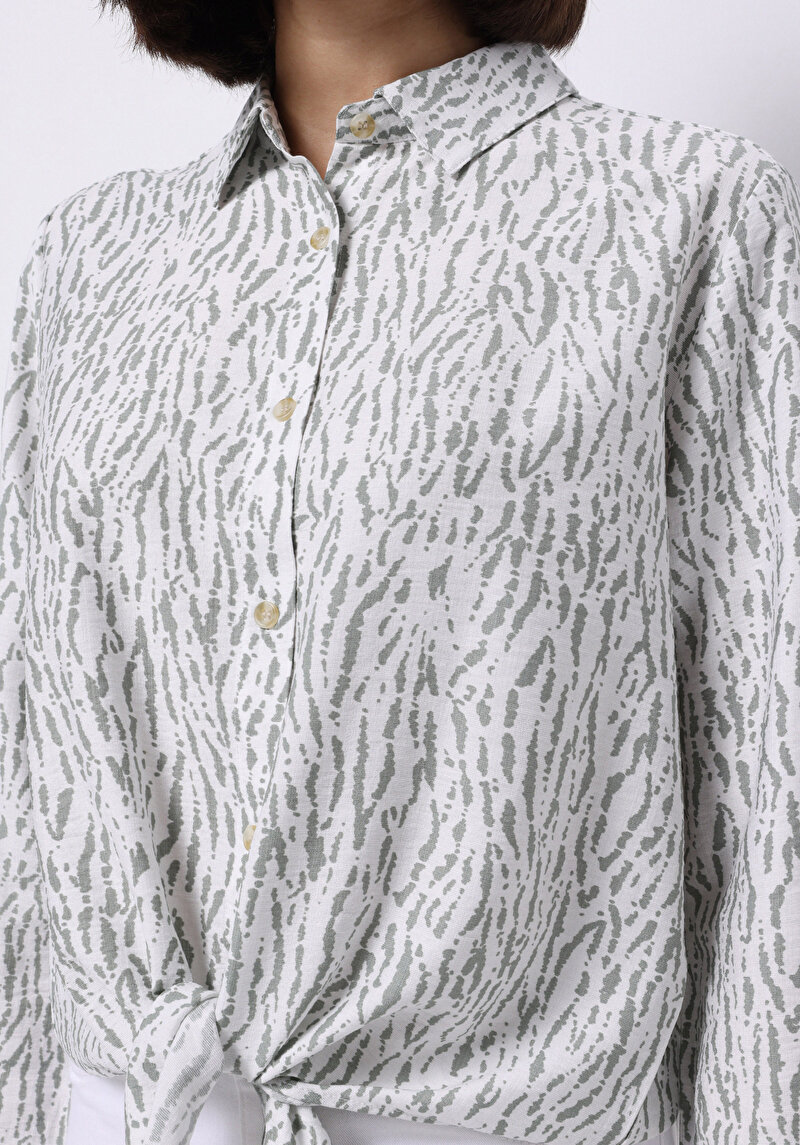 Regular Fit Shirt Neck Baskılı Kadın Yeşil Uzun Kol Gömlek