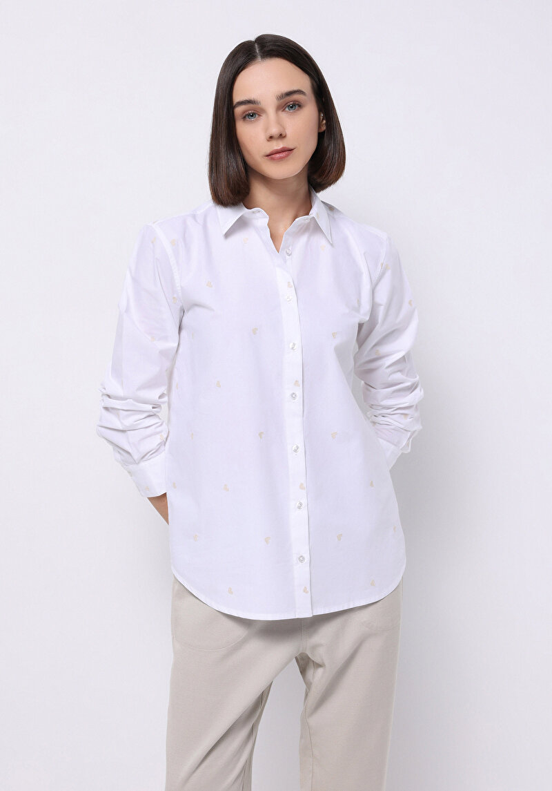 Regular Fit Shirt Neck Nakışlı Kadın Beyaz Uzun Kol Gömlek