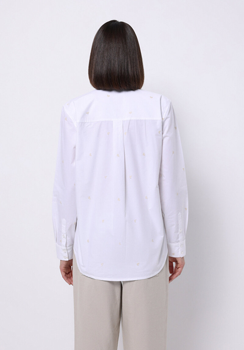 Regular Fit Shirt Neck Nakışlı Kadın Beyaz Uzun Kol Gömlek