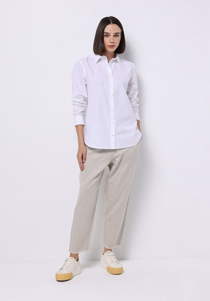 Regular Fit Shirt Neck Nakışlı Kadın Beyaz Uzun Kol Gömlek