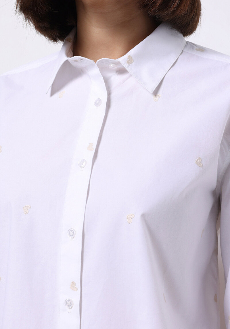 Regular Fit Shirt Neck Nakışlı Kadın Beyaz Uzun Kol Gömlek