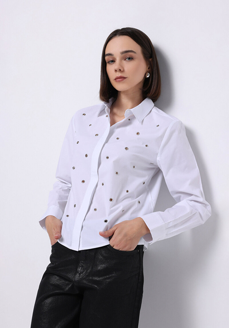 Regular Fit Shirt Neck Düz Kadın Beyaz Uzun Kol Gömlek