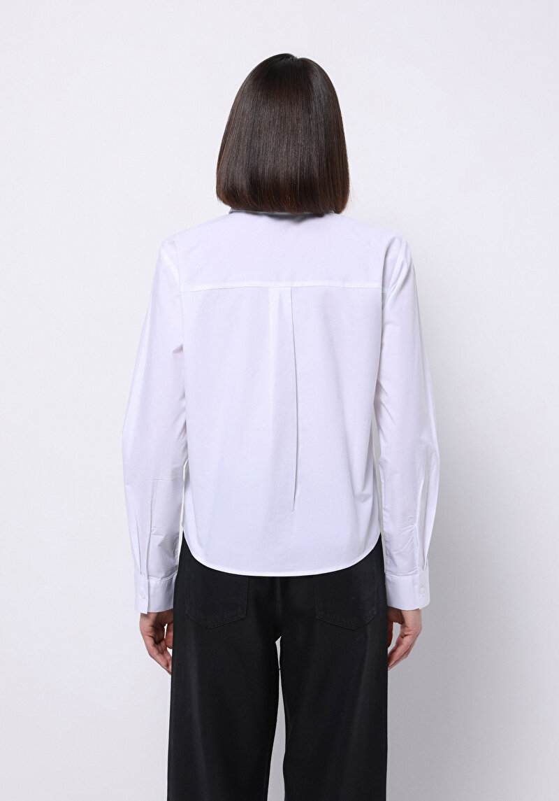Regular Fit Shirt Neck Düz Kadın Beyaz Uzun Kol Gömlek