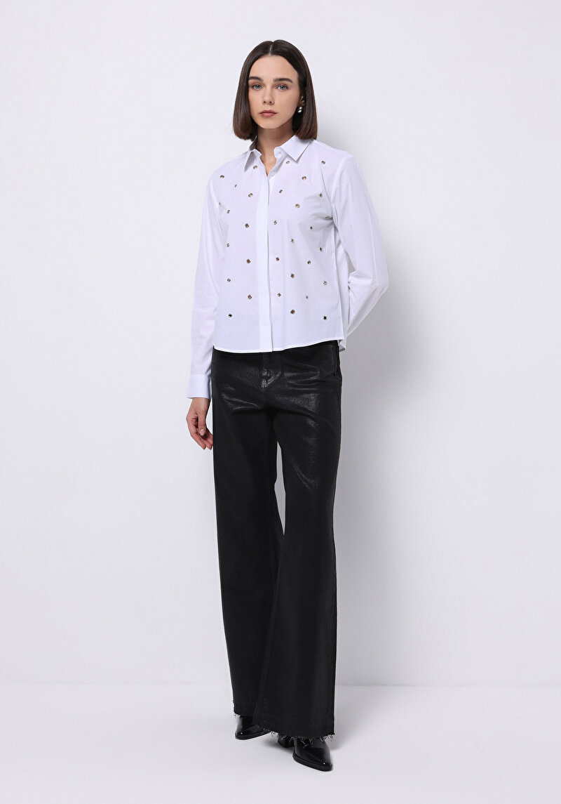 Regular Fit Shirt Neck Düz Kadın Beyaz Uzun Kol Gömlek