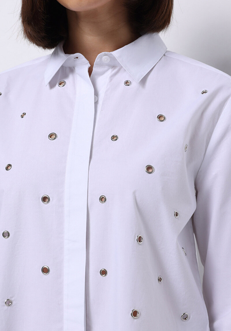 Regular Fit Shirt Neck Düz Kadın Beyaz Uzun Kol Gömlek