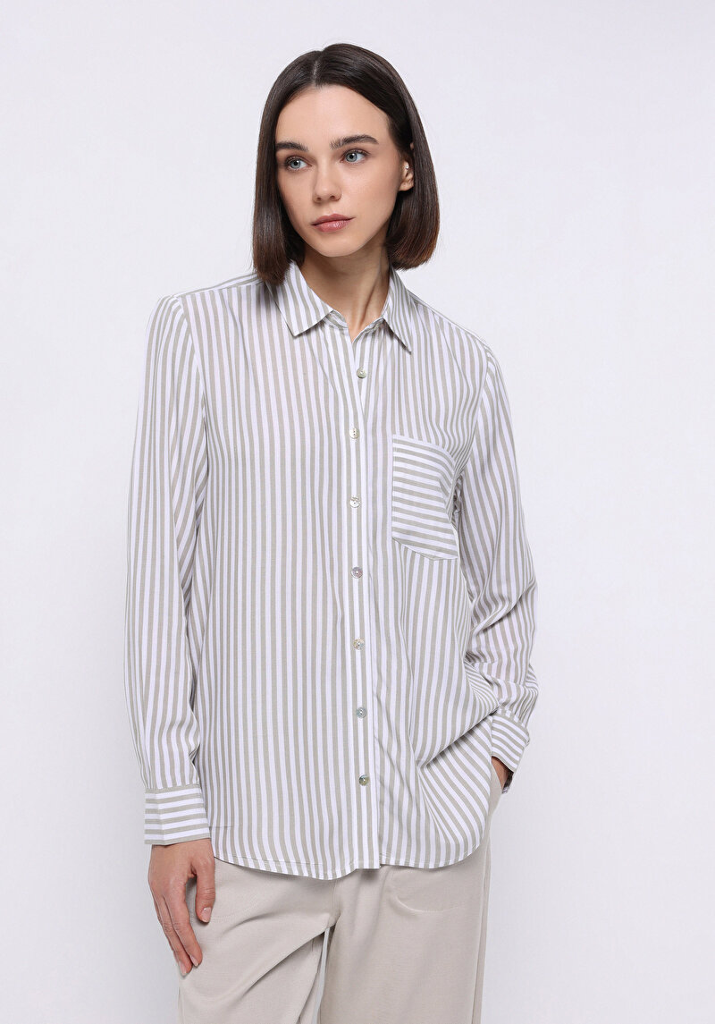 Regular Fit Shirt Neck Çizgili Kadın Yeşil Uzun Kol Gömlek