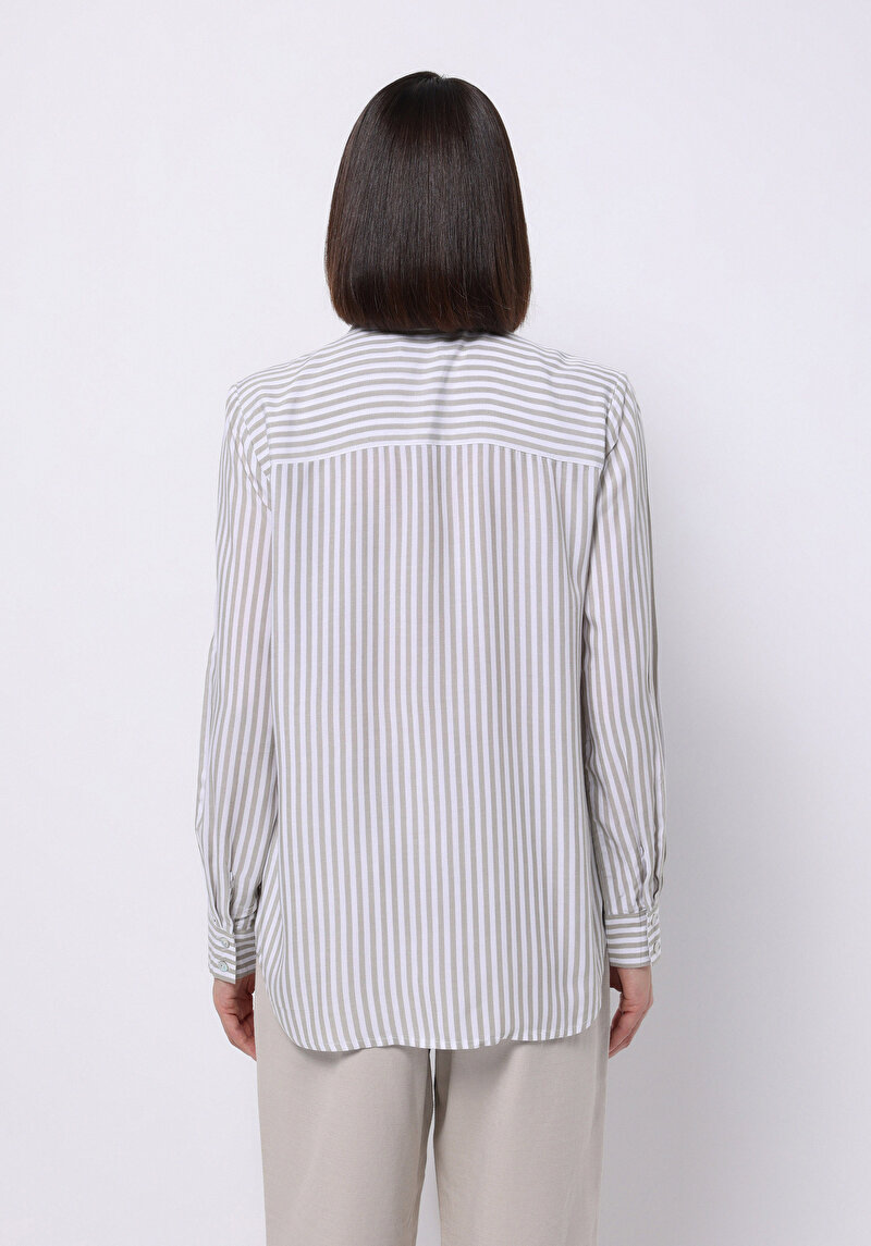 Regular Fit Shirt Neck Çizgili Kadın Yeşil Uzun Kol Gömlek