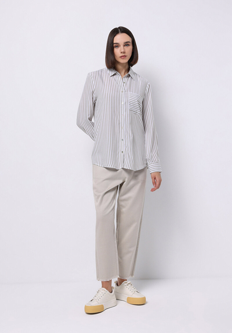 Regular Fit Shirt Neck Çizgili Kadın Yeşil Uzun Kol Gömlek