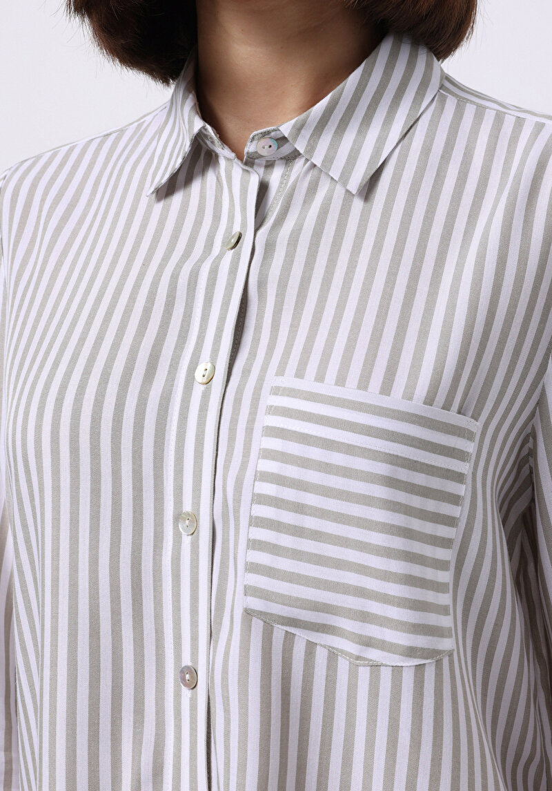 Regular Fit Shirt Neck Çizgili Kadın Yeşil Uzun Kol Gömlek