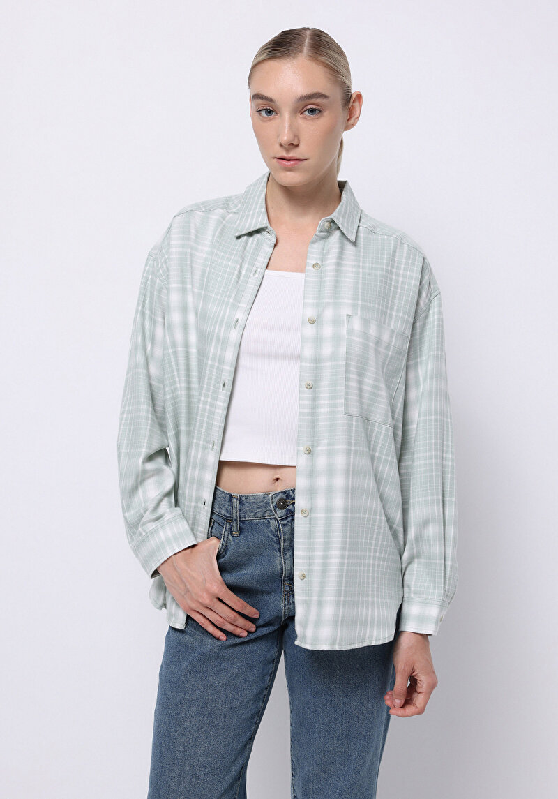 Relax Fit Shirt Neck Ekoseli Kadın Yeşil Uzun Kol Gömlek