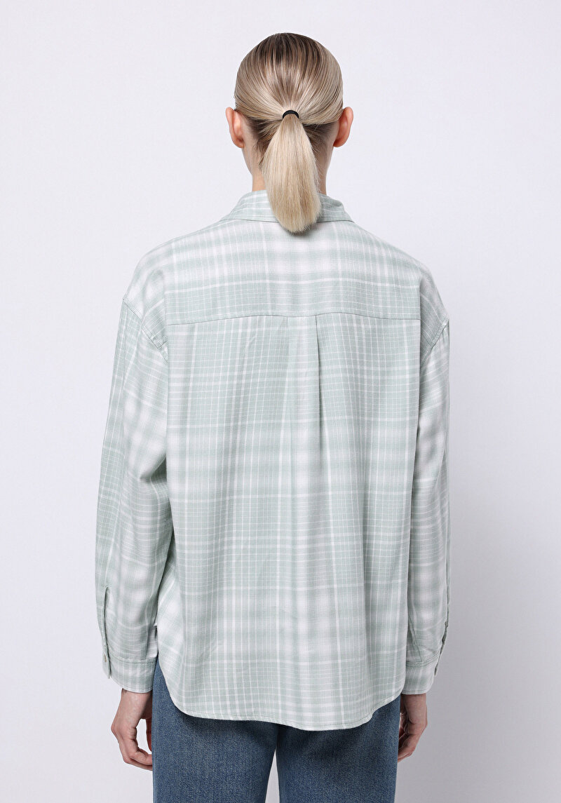 Relax Fit Shirt Neck Ekoseli Kadın Yeşil Uzun Kol Gömlek