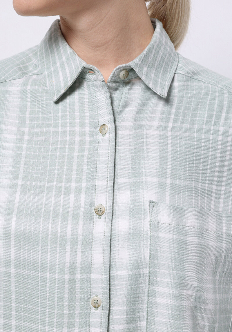 Relax Fit Shirt Neck Ekoseli Kadın Yeşil Uzun Kol Gömlek