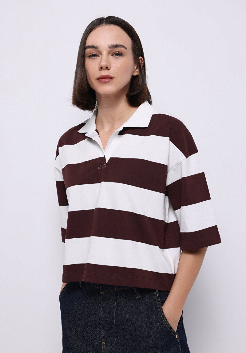 Regular Fit Polo Yaka Çizgili Kadın Mor Kısa Kol Tişört