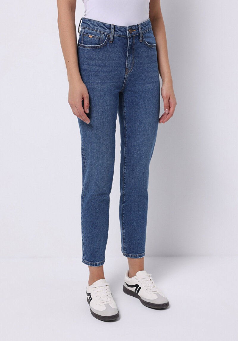 Slim Fit Dar Paça Kadın İndigo Jean Pantolon