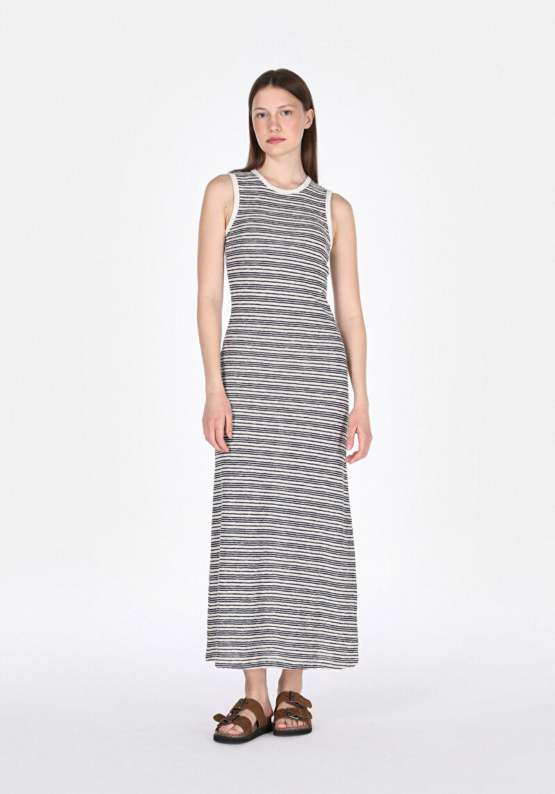 Slim Fit Çizgili Kadın Lacivert Kolsuz Elbise