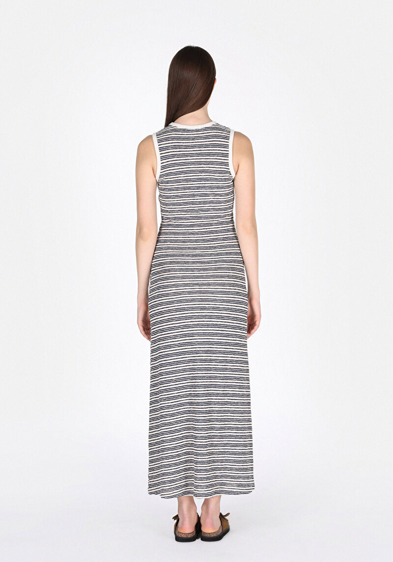 Slim Fit Çizgili Kadın Lacivert Kolsuz Elbise