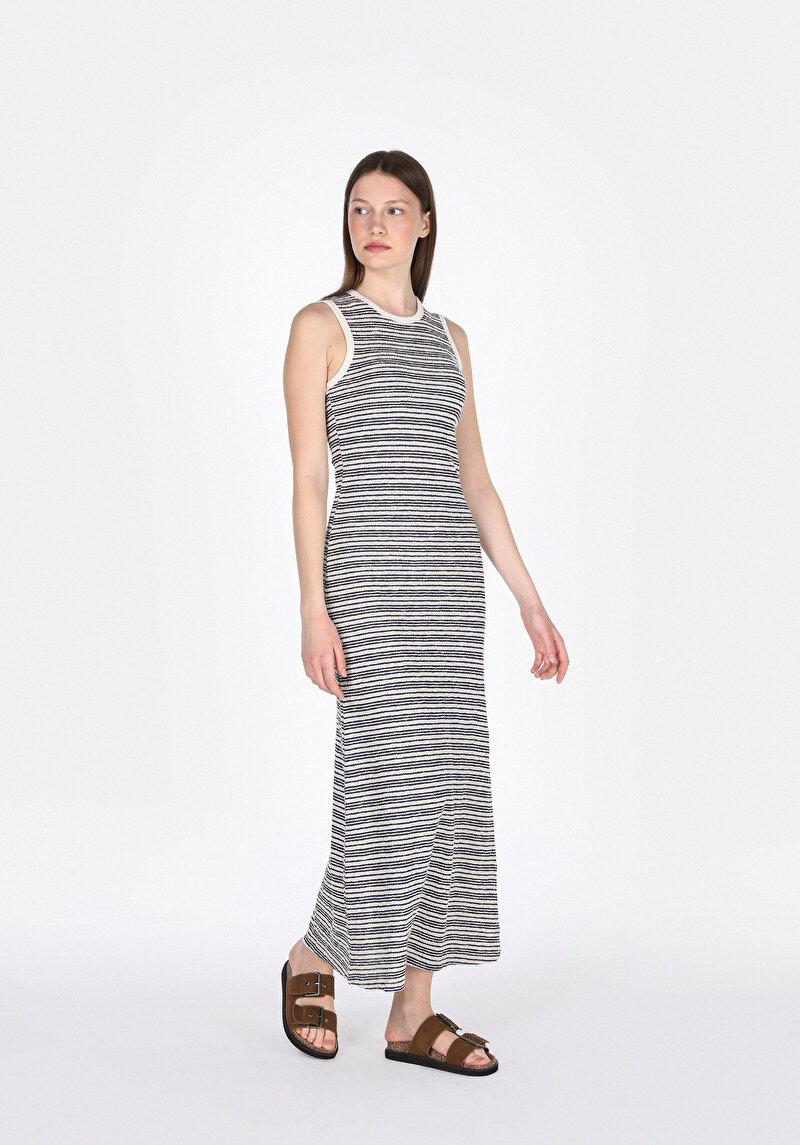 Slim Fit Çizgili Kadın Lacivert Kolsuz Elbise