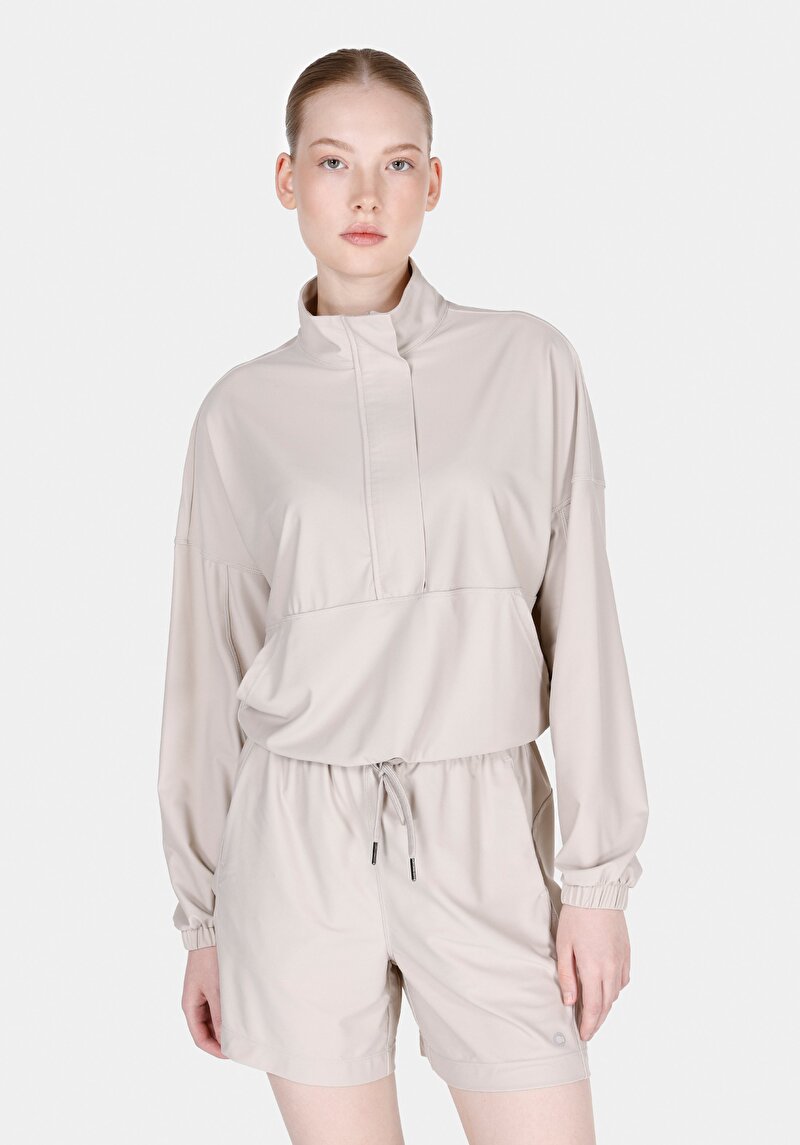 Regular Fit Fermuarlı Düz Kadın Taş Sweatshirt