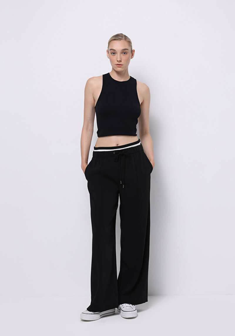 Regular Fit Yüksel Bel Geniş Paça Kadın Siyah  Pantolon