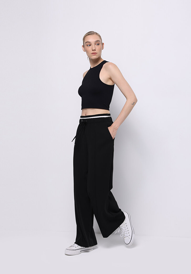 Regular Fit Yüksek Bel Geniş Paça Kadın Siyah Pantolon