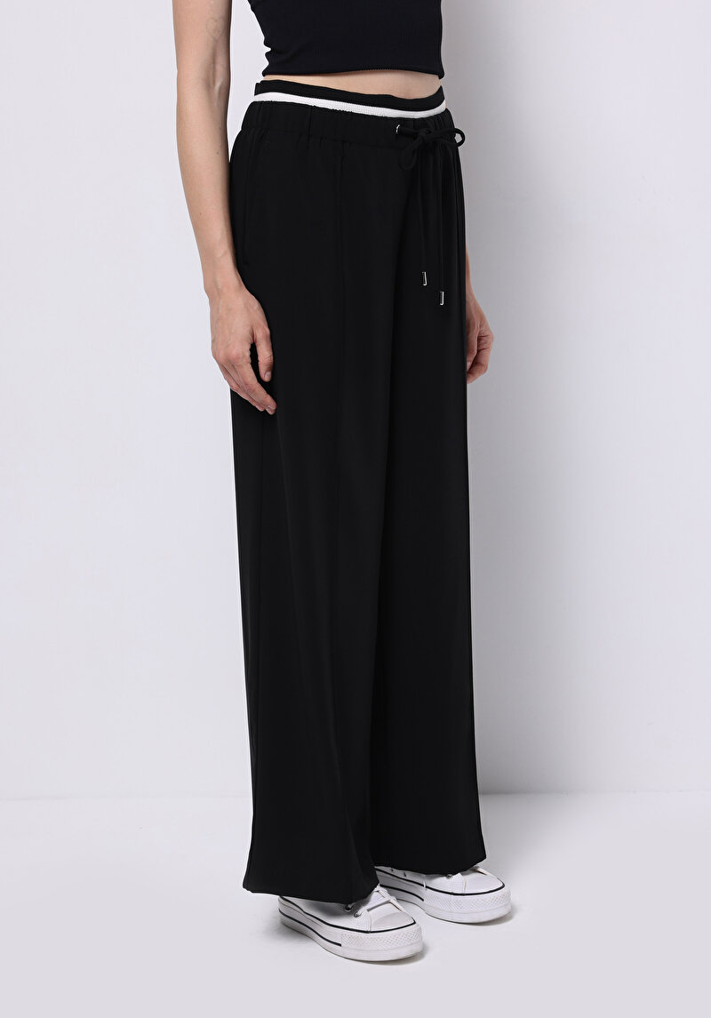 Regular Fit Yüksek Bel Geniş Paça Kadın Siyah Pantolon