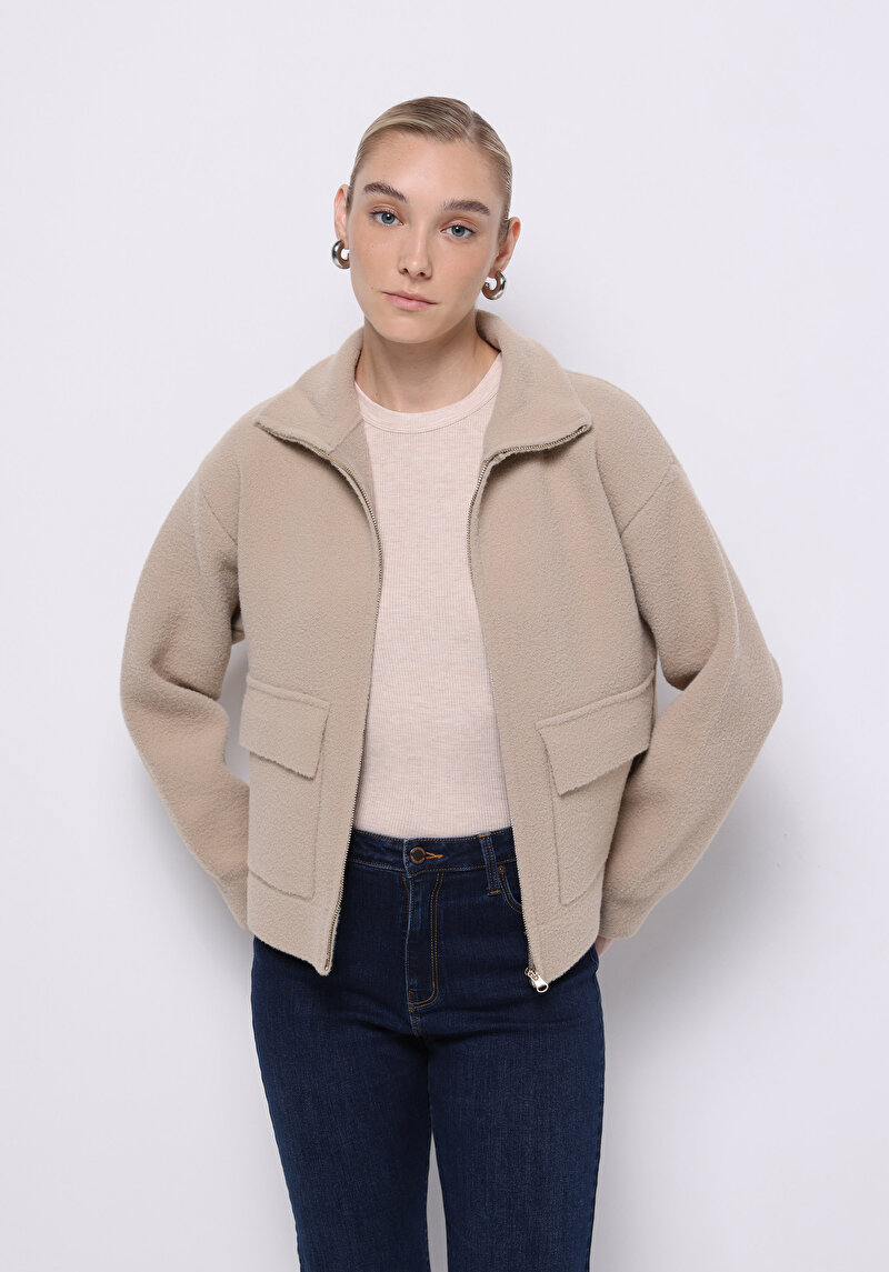 Regular Fit Fermuarlı Fermuarlı Astarsız Kadın Bej Hırka