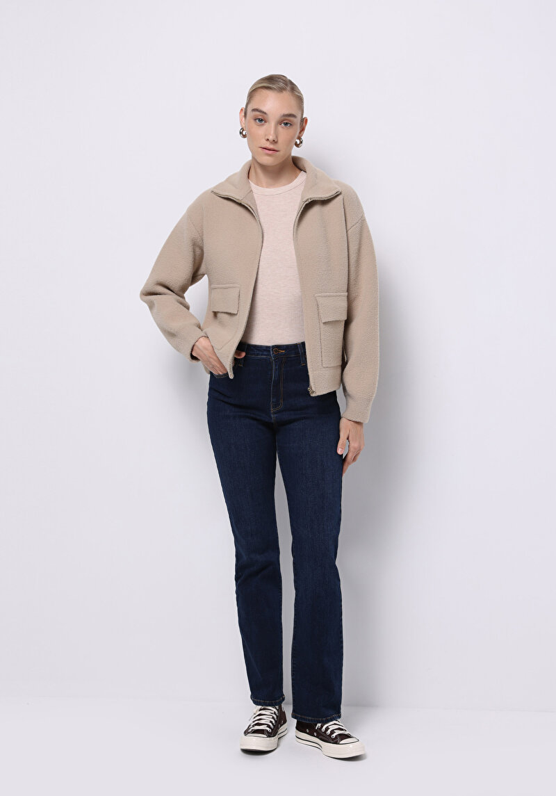 Regular Fit Fermuarlı Fermuarlı Astarsız Kadın Bej Hırka