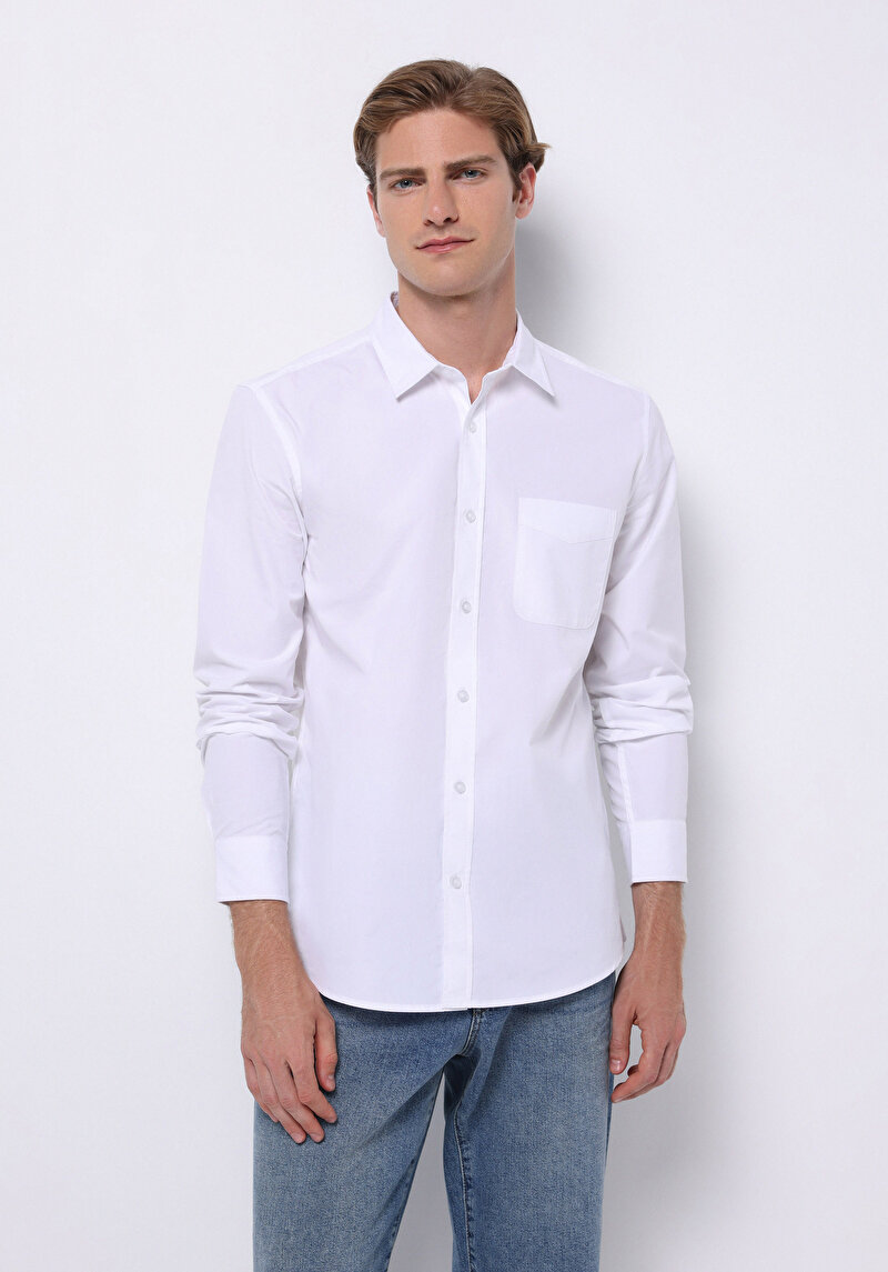 Slim Fit Shirt Neck Düz Erkek Beyaz Uzun Kol Gömlek