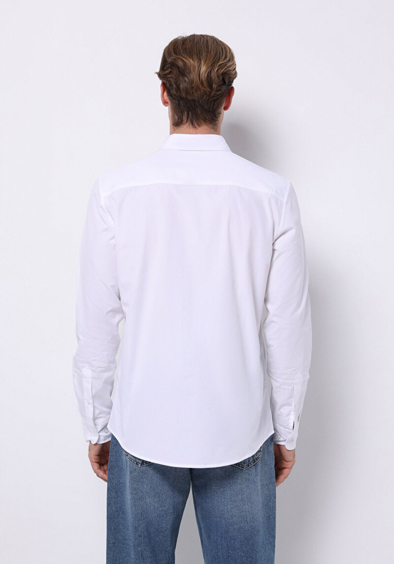 Slim Fit Shirt Neck Düz Erkek Beyaz Uzun Kol Gömlek
