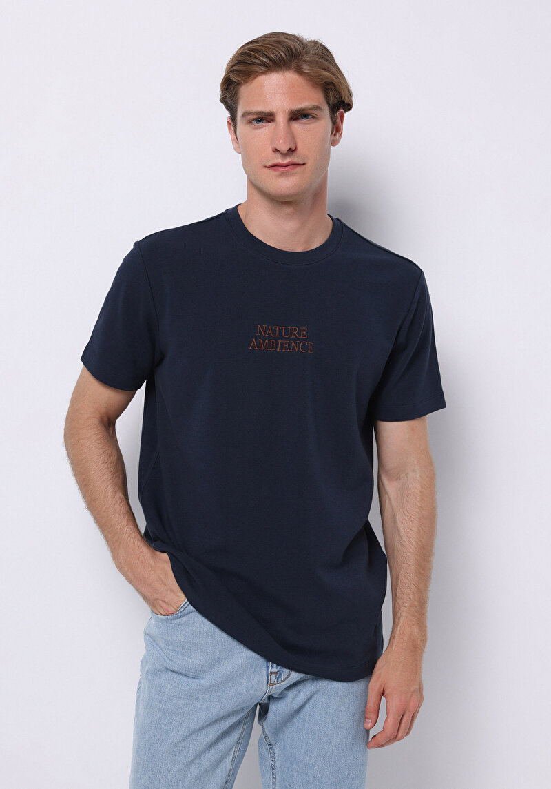 Regular Fit Yuvarlak Yaka Düz Erkek Lacivert Kısa Kol Tişört