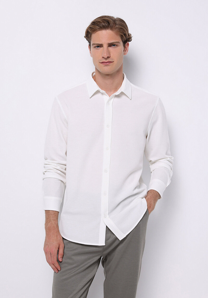 Regular Fit Shirt Neck Düz Erkek Beyaz Uzun Kol Gömlek